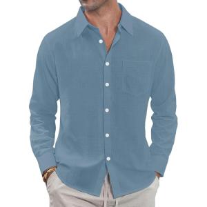 imageJVER Mens Linen Shirts Casual Button Down Long Sleeve Shirt Solid Spread Collar Summer Beach Shirts with PocketAiry Blue