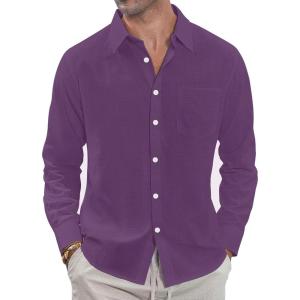 imageJVER Mens Linen Shirts Casual Button Down Long Sleeve Shirt Solid Spread Collar Summer Beach Shirts with PocketDark Purple