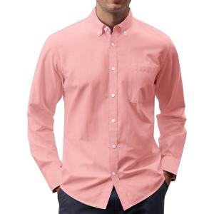 imageJVER Mens Oxford Shirt Solid Casual Button Down Collar Shirts Long Sleeve Dress Shirts with PocketCoral