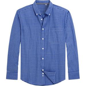 imageJVER Mens Oxford Shirt Solid Casual Button Down Collar Shirts Long Sleeve Dress Shirts with PocketDenim Blue White