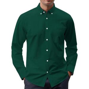 imageJVER Mens Oxford Shirt Solid Casual Button Down Collar Shirts Long Sleeve Dress Shirts with PocketGreen
