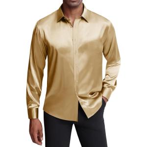 imageJVER Mens Silk Satin Long Sleeve Dress Shirts Shiny Casual Button Down Shirt Luxury Party Prom ShirtsGold Champ