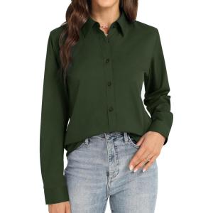 imageJVER Womens Button Down Shirt Long Sleeve Dress Shirts Stretch Solid Work BlouseArmy Green