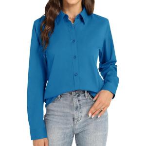 imageJVER Womens Button Down Shirt Long Sleeve Dress Shirts Stretch Solid Work BlouseDenim Blue