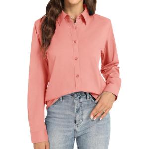 imageJVER Womens Button Down Shirt Long Sleeve Dress Shirts Stretch Solid Work BlousePeach