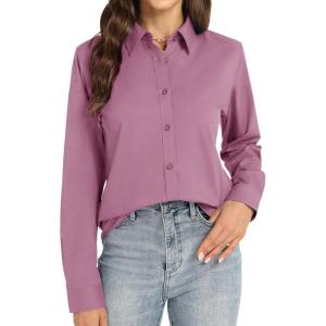 imageJVER Womens Button Down Shirt Long Sleeve Dress Shirts Stretch Solid Work BlouseRose Salt