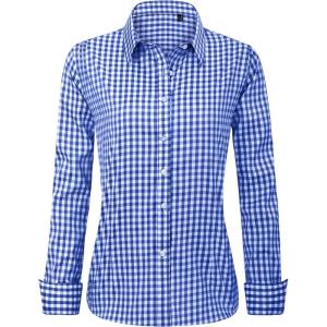 imageJVER Womens Dress Shirts Long Sleeve Button Down Shirts WrinkleFree Solid Work BlouseDenim Blue White