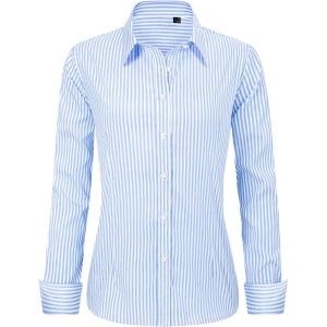 imageJVER Womens Dress Shirts Long Sleeve Button Down Shirts WrinkleFree Solid Work BlouseLight Blue White