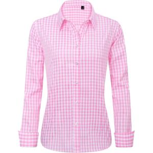 imageJVER Womens Dress Shirts Long Sleeve Button Down Shirts WrinkleFree Solid Work BlouseWhite Pink