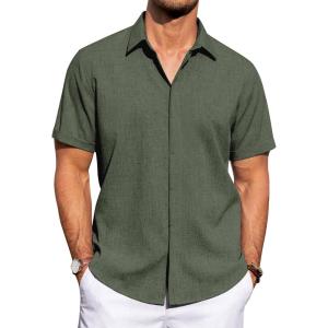 imageJVER Mens Linen Shirts Casual Short Sleeve Button Down Shirt Beach Summer Vacation Holiday Wedding Cotton TopsArmy Green