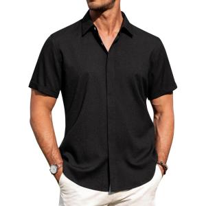 imageJVER Mens Linen Shirts Casual Short Sleeve Button Down Shirt Beach Summer Vacation Holiday Wedding Cotton TopsBlack