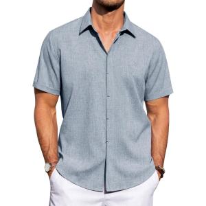 imageJVER Mens Linen Shirts Casual Short Sleeve Button Down Shirt Beach Summer Vacation Holiday Wedding Cotton TopsBlue