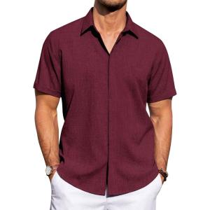 imageJVER Mens Linen Shirts Casual Short Sleeve Button Down Shirt Beach Summer Vacation Holiday Wedding Cotton TopsBurgundy