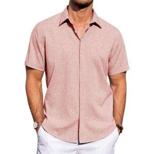imageJVER Mens Linen Shirts Casual Short Sleeve Button Down Shirt Beach Summer Vacation Holiday Wedding Cotton TopsCoral