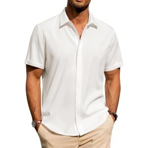 imageJVER Mens Linen Shirts Casual Short Sleeve Button Down Shirt Beach Summer Vacation Holiday Wedding Cotton TopsCream White
