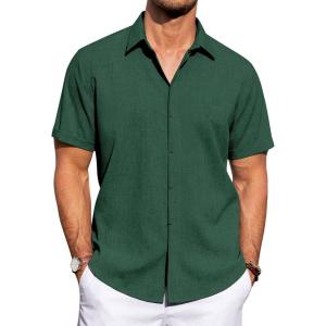 imageJVER Mens Linen Shirts Casual Short Sleeve Button Down Shirt Beach Summer Vacation Holiday Wedding Cotton TopsDark Green
