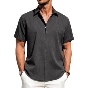 imageJVER Mens Linen Shirts Casual Short Sleeve Button Down Shirt Beach Summer Vacation Holiday Wedding Cotton TopsDark Grey