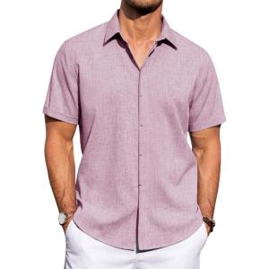 imageJVER Mens Linen Shirts Casual Short Sleeve Button Down Shirt Beach Summer Vacation Holiday Wedding Cotton TopsDark Purple