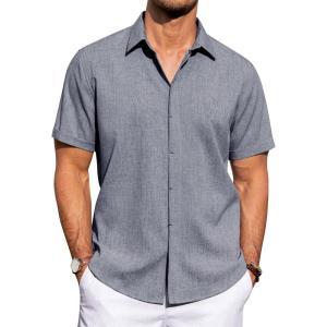 imageJVER Mens Linen Shirts Casual Short Sleeve Button Down Shirt Beach Summer Vacation Holiday Wedding Cotton TopsDenim Blue