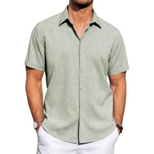 imageJVER Mens Linen Shirts Casual Short Sleeve Button Down Shirt Beach Summer Vacation Holiday Wedding Cotton TopsGreen