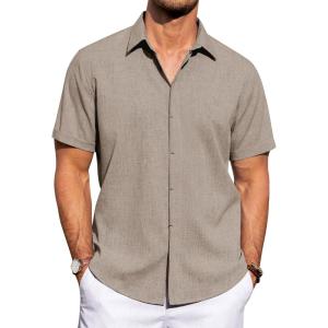 imageJVER Mens Linen Shirts Casual Short Sleeve Button Down Shirt Beach Summer Vacation Holiday Wedding Cotton TopsKhaki