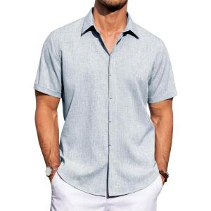 imageJVER Mens Linen Shirts Casual Short Sleeve Button Down Shirt Beach Summer Vacation Holiday Wedding Cotton TopsLight Blue