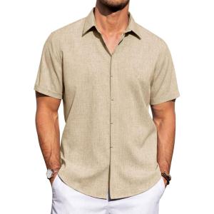 imageJVER Mens Linen Shirts Casual Short Sleeve Button Down Shirt Beach Summer Vacation Holiday Wedding Cotton TopsLight Khaki