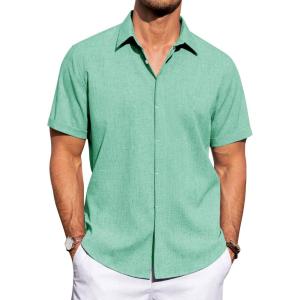 imageJVER Mens Linen Shirts Casual Short Sleeve Button Down Shirt Beach Summer Vacation Holiday Wedding Cotton TopsMint Green