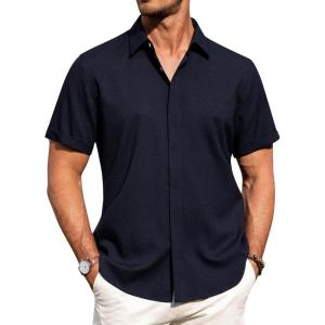 imageJVER Mens Linen Shirts Casual Short Sleeve Button Down Shirt Beach Summer Vacation Holiday Wedding Cotton TopsNavy
