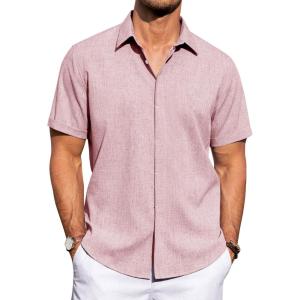 imageJVER Mens Linen Shirts Casual Short Sleeve Button Down Shirt Beach Summer Vacation Holiday Wedding Cotton TopsPink