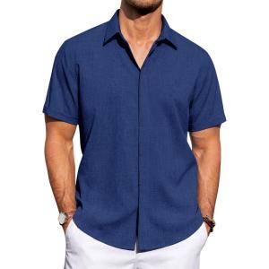 imageJVER Mens Linen Shirts Casual Short Sleeve Button Down Shirt Beach Summer Vacation Holiday Wedding Cotton TopsRoyal Blue