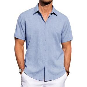 imageJVER Mens Linen Shirts Casual Short Sleeve Button Down Shirt Beach Summer Vacation Holiday Wedding Cotton TopsSky Blue