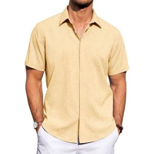imageJVER Mens Linen Shirts Casual Short Sleeve Button Down Shirt Beach Summer Vacation Holiday Wedding Cotton TopsYellow