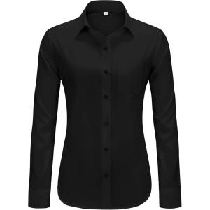 imageJVER Womens Button Down Dress Shirts Solid Long Sleeve Wrinkle Free Formal Collared Shirt Casual Business Blouse with PocketBlack
