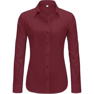 imageJVER Womens Button Down Dress Shirts Solid Long Sleeve Wrinkle Free Formal Collared Shirt Casual Business Blouse with PocketBurgundy