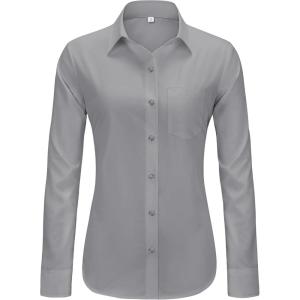imageJVER Womens Button Down Dress Shirts Solid Long Sleeve Wrinkle Free Formal Collared Shirt Casual Business Blouse with PocketGrey