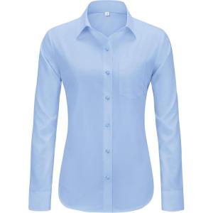 imageJVER Womens Button Down Dress Shirts Solid Long Sleeve Wrinkle Free Formal Collared Shirt Casual Business Blouse with PocketLight Blue