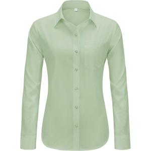 imageJVER Womens Button Down Dress Shirts Solid Long Sleeve Wrinkle Free Formal Collared Shirt Casual Business Blouse with PocketLight Green