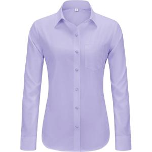 imageJVER Womens Button Down Dress Shirts Solid Long Sleeve Wrinkle Free Formal Collared Shirt Casual Business Blouse with PocketLight Purple