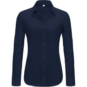 imageJVER Womens Button Down Dress Shirts Solid Long Sleeve Wrinkle Free Formal Collared Shirt Casual Business Blouse with PocketNavy Blue