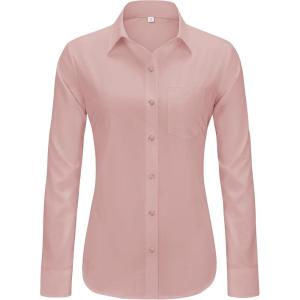 imageJVER Womens Button Down Dress Shirts Solid Long Sleeve Wrinkle Free Formal Collared Shirt Casual Business Blouse with PocketPeach Pink