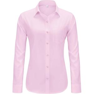 imageJVER Womens Button Down Dress Shirts Solid Long Sleeve Wrinkle Free Formal Collared Shirt Casual Business Blouse with PocketPink