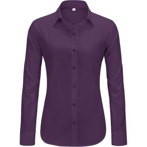 imageJVER Womens Button Down Dress Shirts Solid Long Sleeve Wrinkle Free Formal Collared Shirt Casual Business Blouse with PocketPurple