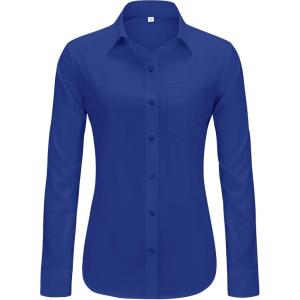 imageJVER Womens Button Down Dress Shirts Solid Long Sleeve Wrinkle Free Formal Collared Shirt Casual Business Blouse with PocketRoyal Blue