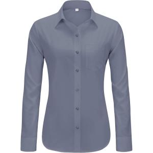 imageJVER Womens Button Down Dress Shirts Solid Long Sleeve Wrinkle Free Formal Collared Shirt Casual Business Blouse with PocketSilver Grey
