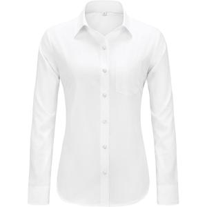 imageJVER Womens Button Down Dress Shirts Solid Long Sleeve Wrinkle Free Formal Collared Shirt Casual Business Blouse with PocketWhite