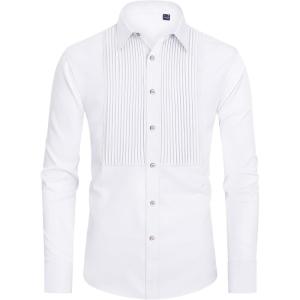 imageJVER Mens Tuxedo Shirt Formal Dress Shirt Pleated Long Sleeve Button Down Shirts for Prom Party WeddingSolid White
