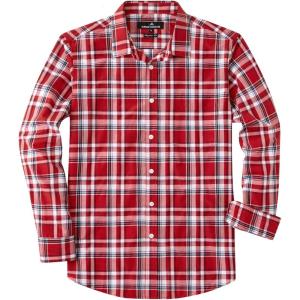 imageJVER Mens Button Down Shirts Casual Long Sleeve Dress Shirt Cotton Collared Work Plaid Tops with PocketRed