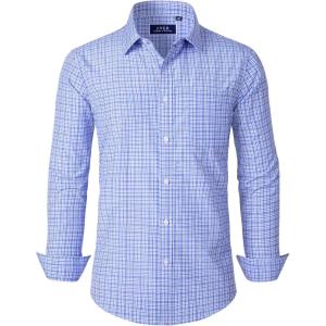 imageJVER Mens Button Down Shirts Long Sleeve Dress Shirt Business Casual Cotton Collared Plaid Tops with PocketBlue Gingham