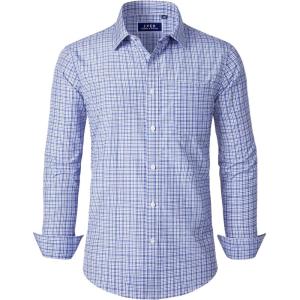 imageJVER Mens Button Down Shirts Long Sleeve Dress Shirt Business Casual Cotton Collared Plaid Tops with PocketBlue Grey Gingham